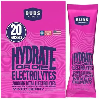 Bubs Naturals Hydrate Or Die Electrolytes Powder Packets For Fast Absorption Premium 2000Mg Electrolyte Powder For Sports Recovery & Wellbeing (Natural Lemon Flavor 20 Sticks)