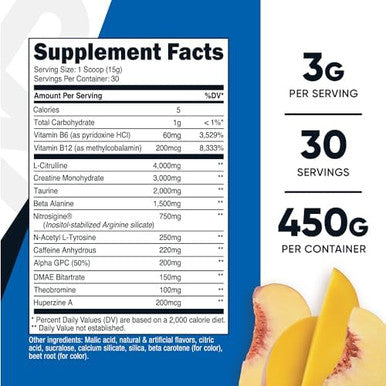 Nutricost Prec Preworkout Complex With Creatine (Peach Mango 30 Servings) Powder Boost Fintess Routines 450G