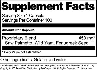 Terravita Breast Enhancement Formula - Fenugreek, Saw Palmetto And Wild Yam - 450 Mg (100 Capsules, Zin: 514008)