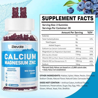 Calcium Magnesium Zinc Gummies With Vitamin D3 & K2 - High Potency Enhanced Absorption -60 Orange Gummies Flavored