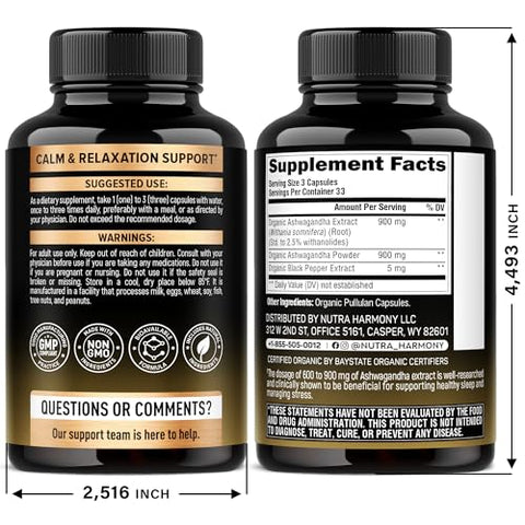 Nutraharmony Ashwagandha Supplements 1800Mg - Usda Organic Ashwagandha For Women & Men - Clinically Effective Strength For Stress Relief & Sleep - Powder & Root Extract 2.5 Withanolides - Made In Usa 100 Capsules