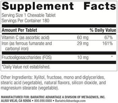 Bariatric Advantage Chewable Iron 29 Mg For Bariatric Surgery Patients Iron With Vitamin C No Iron Taste Ferrous Fumarate & Carbonyl Iron Supplement Passion Fruit 180 Count