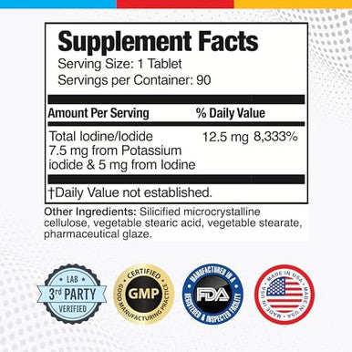 Brain Basics Ultra Iodine Complex Supplement for Thyroid Support, Iodine and Potassium Iodide in One, Iodine Supplement for Thyroid and Brain Health 12.5 mg Iodine and Potassium Iodide - 90 Tablets