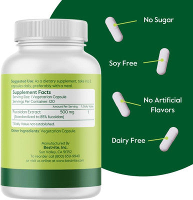 Bestvite Fucoidan Extract 500mg (Standardized to 85% Fucoidan) (120 Vegetarian Capsules) No Fillers - No Stearates - No Flow Agents