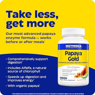 Enzymedica Papaya Gold Advanced Digestive Enzymes With Natural Organic Papaya & Chlorophyll For Comprehensive Digestion Support High Potency Bromelain & Papain Vegan Mint 120 Chewable Tablets