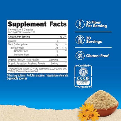 Nutricost Fiber Capsules With Prebiotic Fiber Supplement 300 Capsules Made With Organic Psyllium Husk & Organic Jerusalem Artichoke 60 Servings Gluten 3 G Per Serving