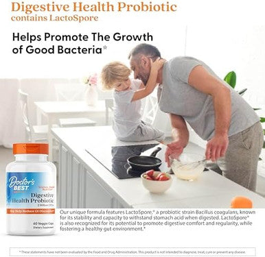 Doctor'S Best Digestive Health Probiotic 2 Billion With Lactospore Nongmo Vegan Gluten Soy 60 Veggie Caps (Drb00464)