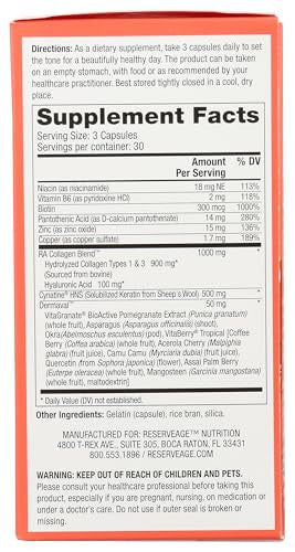Reserveage Nutrition Tres Beauty 3 Supplement for Hair Growth Skin Care and Nail Care Collagen Supplement with Keratin and Biotin Gluten Free 90 Capsules 30 Servings
