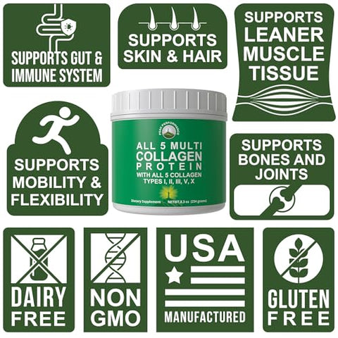 Peak Performance All 5 Multi-Collagen Protein Powder Peptides Multi-Collagen Contains All Types I Ii IiiV X. Keto Paleo Friendly With Hydrolyzed Bovine Marine Chicken Bone Broth Collagens