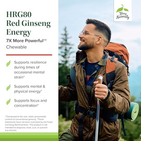 Terry Naturally Hrg80 Red Ginseng Energy Support Healthy Energy & Focus Herbal Supplement With Korean Red Ginseng Root Powder Vegan Tablets To Aid Healthy Endurance 30 Chewable Tablets