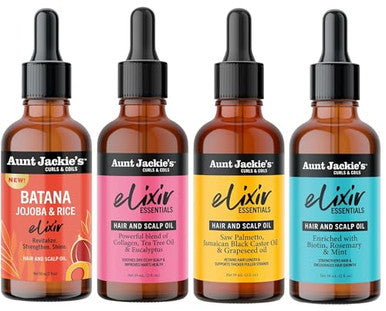 Aunt Jackie'S Curls & Coils Elixirs Hair & Scalp Oils Collection Batana Biotin Rosemary & Mint Collagen Tea Tree & Eucalyptus Saw Palmetto Jamaican Black Castor & Grapeseed Oils (4 Products)