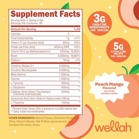 Wellah Pre-Workout Creatine Powder (30 Servings) Peach Mango - 200Mg Caffeine 3G Creatine Monohydrate 5G Citrulline Malate Pre-Workout With Creatine Supplement