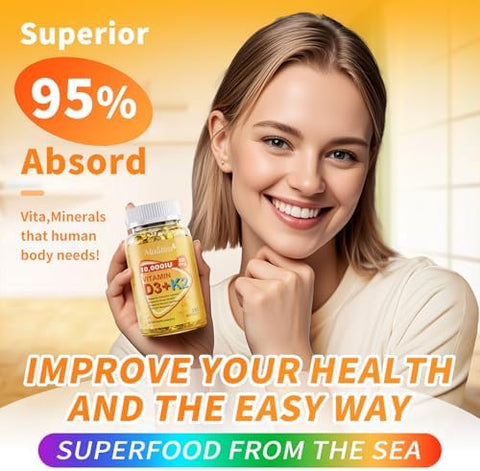 PlantBased D3 K2 Vitamin 10000 IU w/Virgin Coconut MCT Oil 200 mcg MK7 Vitamin K2 NonGMO for Ultimate Absorption Bone Immune and Heart Health Easy to Swallow D and K Supplement 180 Softgels