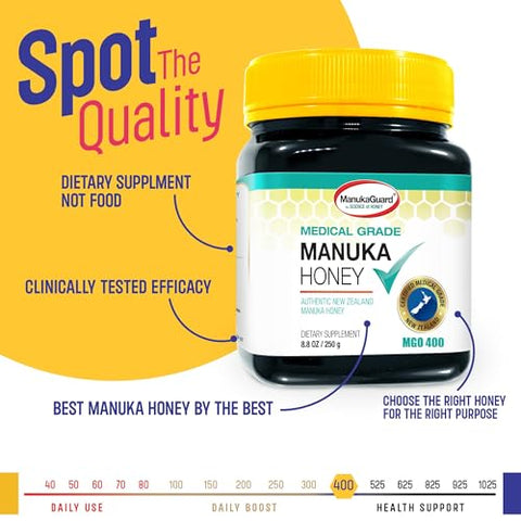 ManukaGuardÃ‚Â® Medical Grade Manuka Honey MGO 400+ | 100% Authentic New Zealand Manuka Honey | Healing Honey for Immunity Boost | 8.8 oz