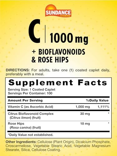 Sundance Vitamin C 1000mg with Rose HIPS and Bioflavonoids 100 Coated Caplets Vegetarian NonGMO and Gluten Free Supplement