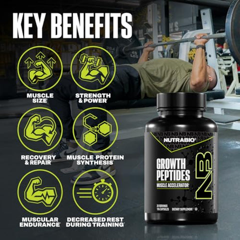 Nutrabio Growth Peptides Muscle Accelerator With Dileucine & Peptistrong Peptides For Muscle Growth Men & Women- 28 Servings 196 Capsules