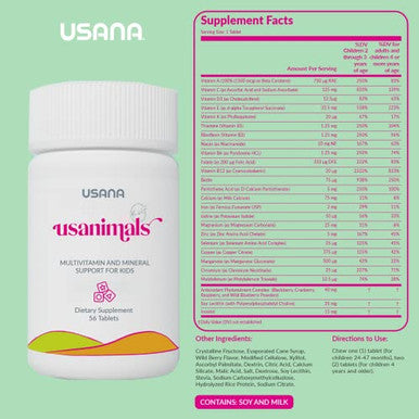 Usana Usanimals Multivitamin For Kids - Daily Chewable Tablets With Vitamins A C D E B6 B12 Zinc Iron - Supports Immune Bone & Brain Health - Essential Nutrients For Ages 2-12 56 Tablets