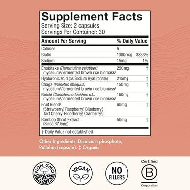 Host Defense Mycobenefits Beauty Capsules Supplement Health Aid Mushroom Supplement With Biotin & Hyaluronic Acid 60 Capsules (30 Servings)