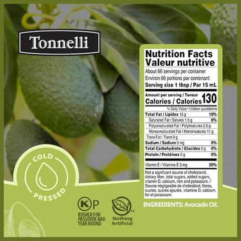 Tonnelli Premium Cold Pressed Naturally Refined Avocado Oil, 1 Liter | High Smoke Point 520F | Product of Spain Certified Kosher (including Passover)