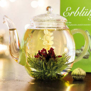 Creano Blooming Tea Set with Glass Teapot 17oz (500ml) - Green Tea Fruity Flavoured Tea Flowers in 6 Varieties - Flowering Tea for Easter