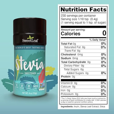 SweetLeaf Stevia Powder Shaker Jar Zero Calorie Sweetener with Stevia Leaf Extract No Artificial Sweetener Additives Sugar Keto Friendly Non GMO Gluten 4 Oz (Pack of 1)