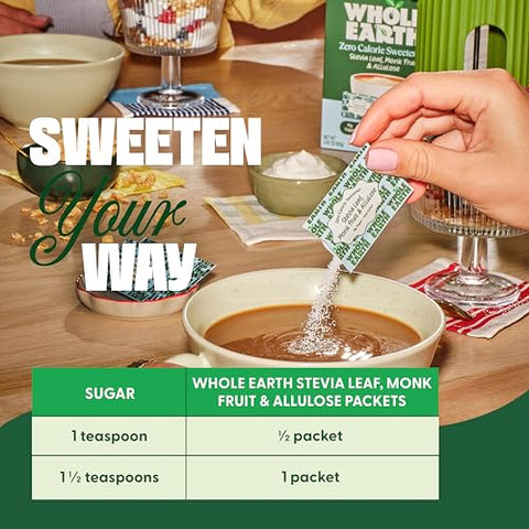 Whole Earth Stevia, Monk Fruit & Allulose 40ct Packets, Zero Calorie Sugar Substitute, Keto-Friendly, Non-GMO, No Erythritol, Erythritol-Free, 40 Count, 12-Pack