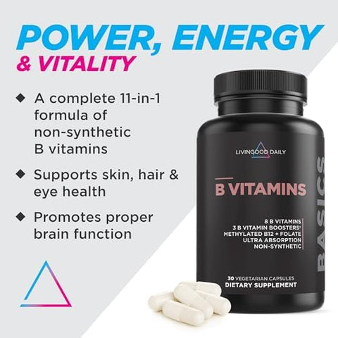 Livingood Daily Vitamin B Complex Capsules For Men And Women Methylated B12 & Folate 11 Active Forms Including B1 B2 B3 B5 B6 & Biotin Gluten Vegan B Vitamins For Hair Skin Nails 30 Capsules