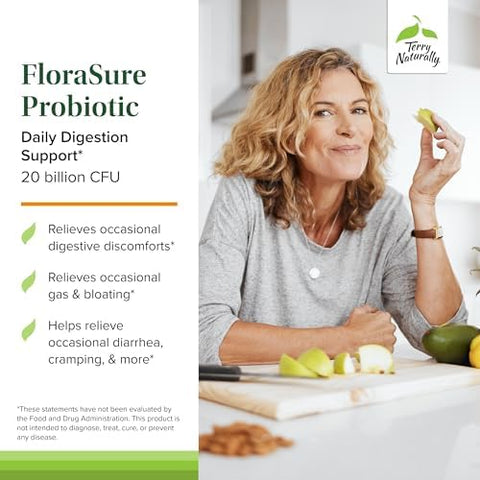 Terry Naturally Florasure Probiotic Digestion Supplement To Aid Against Occasional Bloating & Support Gas Relief Gut Health Support Supplement With Bifidobacterium Bifidum 30 Capsules