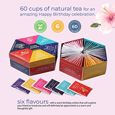 Acorus Happy Birthday Tea Sets | Assorted Tea Set Birthday Present to Those Who We Care about | Herbal Fruit and Black Tea Variety Pack with Warm Wishes Written all Over the Box | 60 Tea Bags
