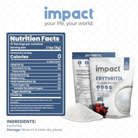 Impact - Erythritol Granular Sweetener - Zero Calorie, Low Carb & Plant-Based, Label-Friendly, Looks & Tastes Like Sugar - 1lb Pouch