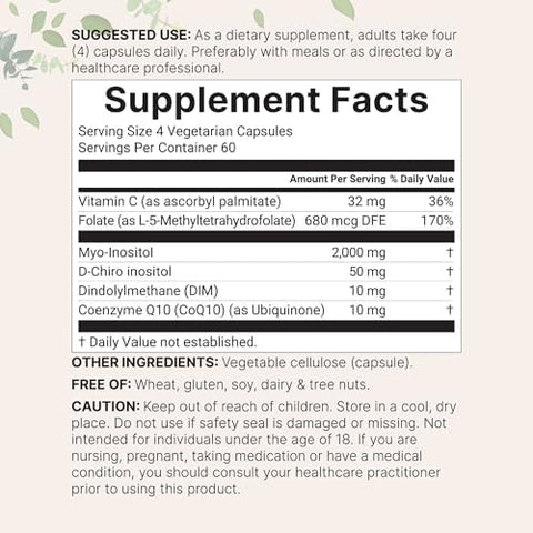 MyoInositol and DChiro Inositol 2050Mg 240 Veggie Capsules + Vitamin C Folate Dim and Coq10 Inositol Supplement For Women 401 Ratio Hormonal Balance and Ovarian Support Filler