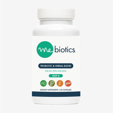 Mebiotics Probiotic & Herbal Supplement Oily 2 - Bacillus Coagulans + Lemon Balm for Skin + Gut Health - Oral Probiotics to Support Gut, Mind, & Skin - for Oily Skin Types (60 Capsules)