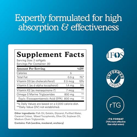 Mitoq Advanced Epa Omega-3 â€“ High-Purity 800Mg Epa Fish Oil Supplement With Vitamin K2 D3 E Cardiovascular Brain Cellular Support No Fishy Aftertaste 60 Softgels