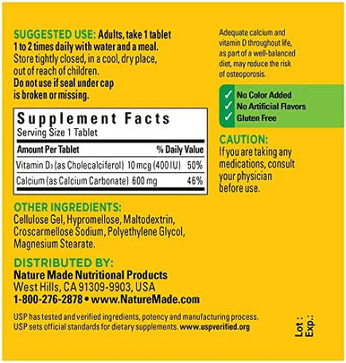 Nature Made Calcium 600 Mg With Vitamin D3, Dietary Supplement For Bone Support, 60 Tablets