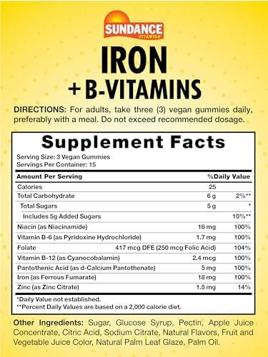 Sundance Iron Gummies Plus B-Vitamins 45 Vegan Gummies Grape Flavor Vegan, Non-Gmo, And Gluten Supplement