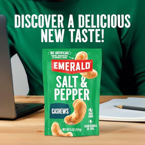 Emerald Nuts Salt and Pepper Seasoned Cashews (1Pack) 5 Oz Resealable Bag Kosher Certified NonGMO Contains No Artificial Preservatives Flavors or Synthetic Colors