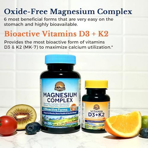 Vitalitown 6-In-1 Magnesium Complex & Vitamin D3 K2 Bundle (Pack Of 2) For Digestive Bone Heart Immune Health Magnesium Glycinate 10000Iu D3 Mk-7 120 Mag Caps & 90 D3 Softgel