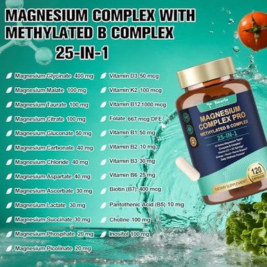 Totaria 25-In-1 Magnesium Complex With Methylated B Complex Magnesium Glycinate Citrate Malate Taurate Gluconate Aspartate Carbonate D3 K2, Magnesium Supplement For Relaxation Energy & Nerve, 120 Vegan Caps