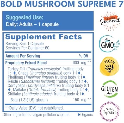 Bold Botanica Mushroom Supreme 7 Mushroom Supplement Organic Extracts Of Turkey Tail Chaga Phellinus Reishi Cordyceps Maitake Shiitake For Immune Support & Optimal Wellness 60 Caps