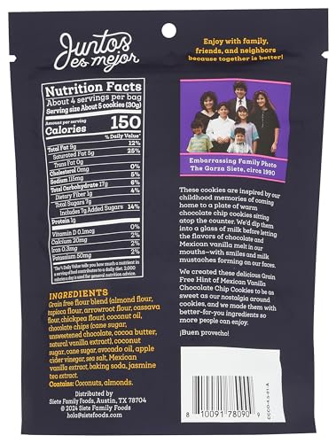Siete Gluten Free Chocolate Chip Cookies w/ Hint of Mexican Vanilla | Vegan | Grain Free | Non GMO | Dairy Free | Made with Almond Flour & Coconut Oil | 4.5 Oz. Bag (Pack of 1)
