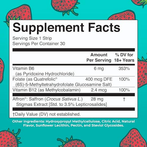 Maryruth'S Mood & Cognition Dissolving Strips By Maryruth'S Vitamin B12 Vitamin B6 Saffron Folate B Vitamins Sugar Free Strawberry Flavor Vegan Gluten Free Dairy Free 30 Count