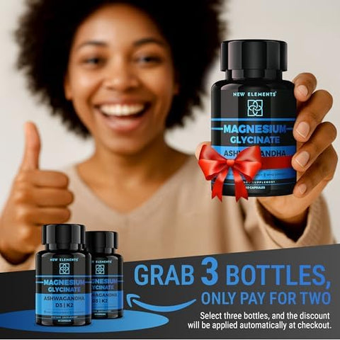 Elements Magnesium Glycinate 1500Mg With Ashwagandha 300Mg + Vitamin D3 10000 Iu & K2 (Mk-7) 200Mcg Stress Relief Calm Mood & Bone Support High Absorption Vegan Capsules Non-Gmo