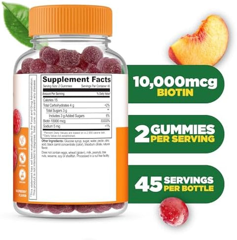 Lifeable Teens Biotin 10000mcg Gummies Vitamin B7 Vegan Biotin Supplement Great Tasting Biotin Gummies for Hair Growth Healthy Skin and Nails Biotin Vitamins for Teens 90 Gummies
