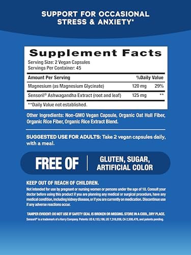 Natural Vitality Calm Ashwagandha + Magnesium Glycinate Capsules Support for Occasional Stress and Anxiety Gluten Supplement 90 Count
