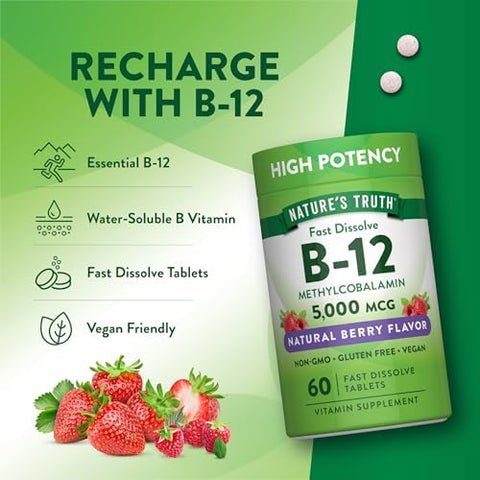 Nature's Truth B12 Vitamin 5000 mcg 60 Tablets Fast Dissolve Natural Berry Flavor Vegan NonGMO and Gluten Free Supplement Fast Dissolve Natural Berry Flavor Vegan NonGMO and Gluten Free Supplement