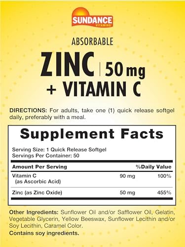 Sundance Absorbable Zinc With Vitamin C 50Mg 50 Softgels Essential Nutrients Nongmo And Gluten Supplement