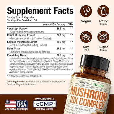 Mushroom 10x Complex with Lions Mane Extract Turkey Tail Cordyceps Reishi Shiitake Chaga & Maitake for Cognitive Support Vegan Mushroom Supplement Blend for Natural Energy & Focus 60 Capsules