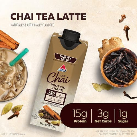 Atkins Chai Tea Latte Protein Shake 15G Protein Low Glycemic 3G Net Carb 1G Sugar Keto Friendly & Cafa Caramel Iced Coffee Protein Shake 15G Protein Low Glycemic 3G Net Carb 1G Sugar