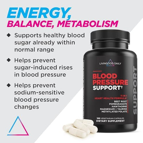 Livingood Daily Blood Pressure Support Heart Health Supplement For Men & Women With Beet Root Pomegranate Hawthorn Magnesium & Taurine Cardiovascular Support Formula Vegan 120 Capsules