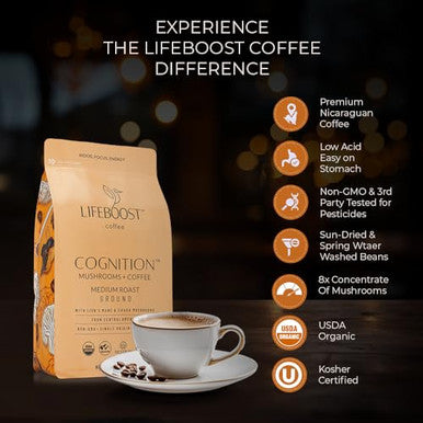 Lifeboost Cognition Adaptogenic Mushroom Coffee Great Tasting Organic Lions Mane and Chaga Medium Roast Nootropic Coffee Increase Energy Boost Focus and Immune Support 12 oz Bag Ground